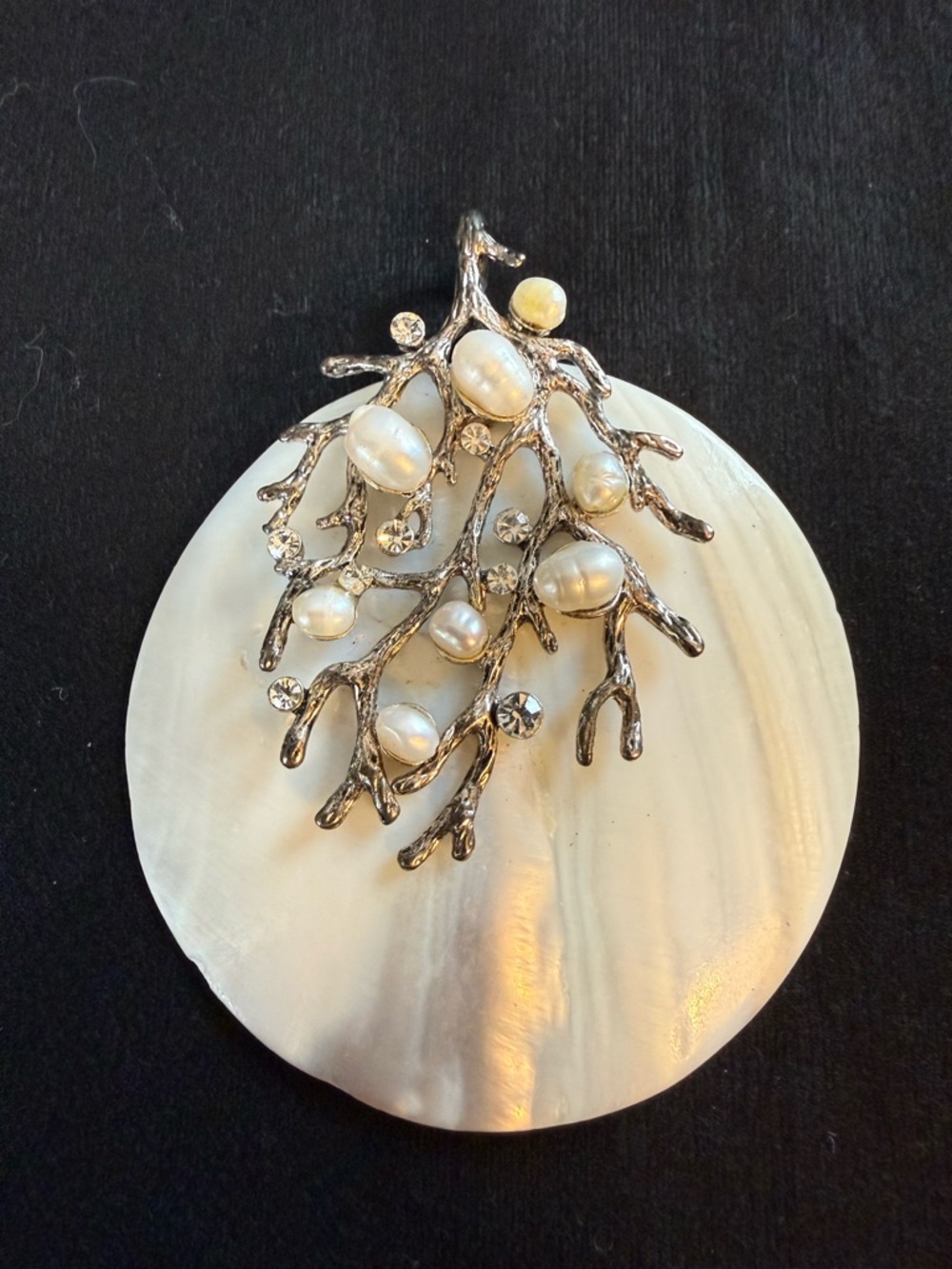 Pearl & Crystal Coral Branch Brooch on Mother-of-Pearl/Shell
